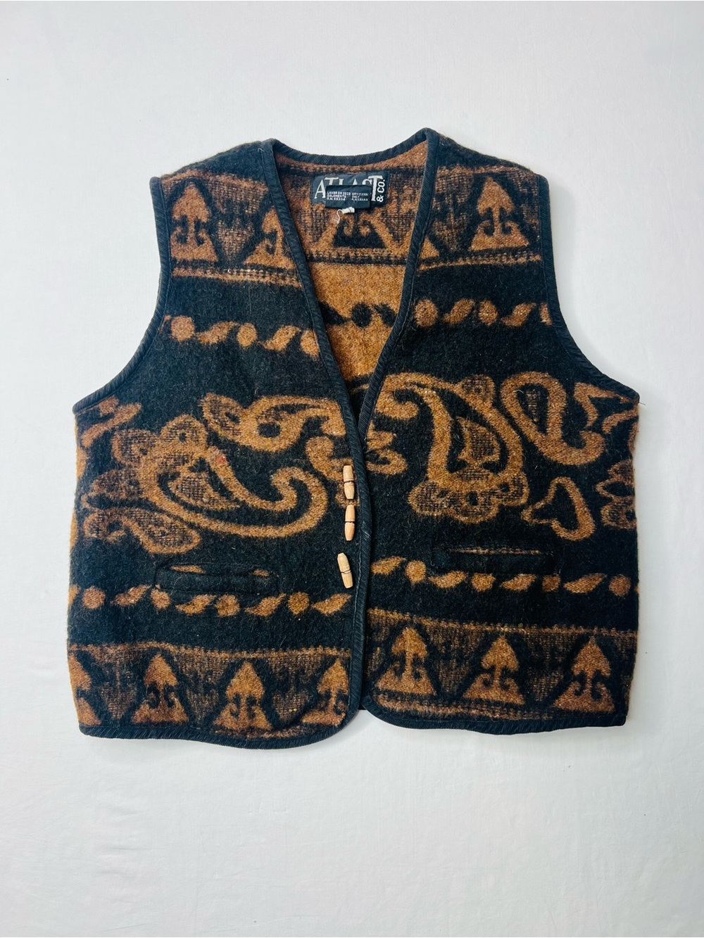 Vintage Atlast Wool Blend Black & Brown Patterned Vest